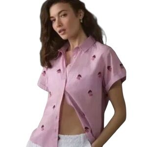 Anthropologie Maeve Fruit Surf Shirt XS Lavender Purple Cherry Embroidered